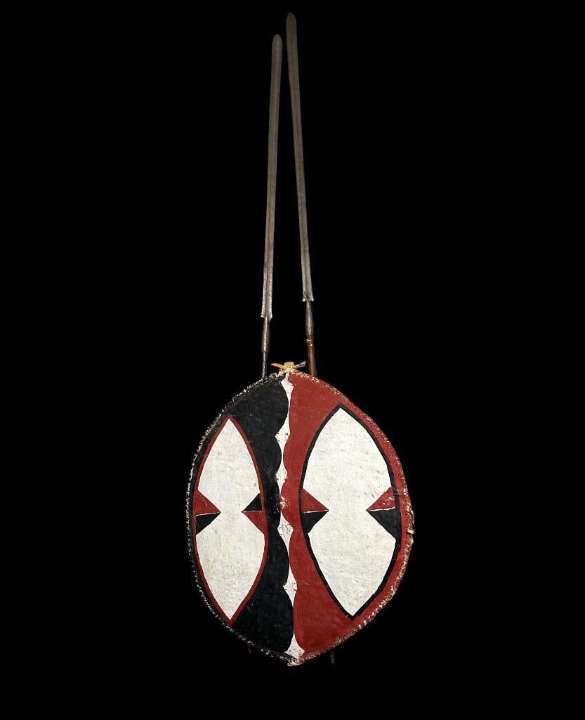 African Masai Painted Hide Shield and Two Spears (1 of 13)