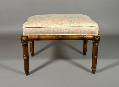 Regency Style Faux Bamboo Stool with Fortuny Silk Upholstery