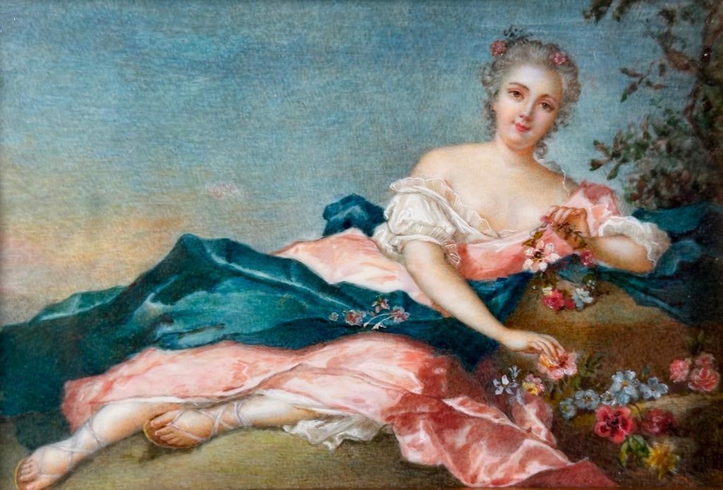 Miniature Painting, Madame Victoire, Signed Bugler: Miniature Painting, Madame Victoire, Signed Bugler, well painted on celluloid depicting an 18thc. French woman reclining in an outdoor setting under a tree with various flowers she has gathered to fas
