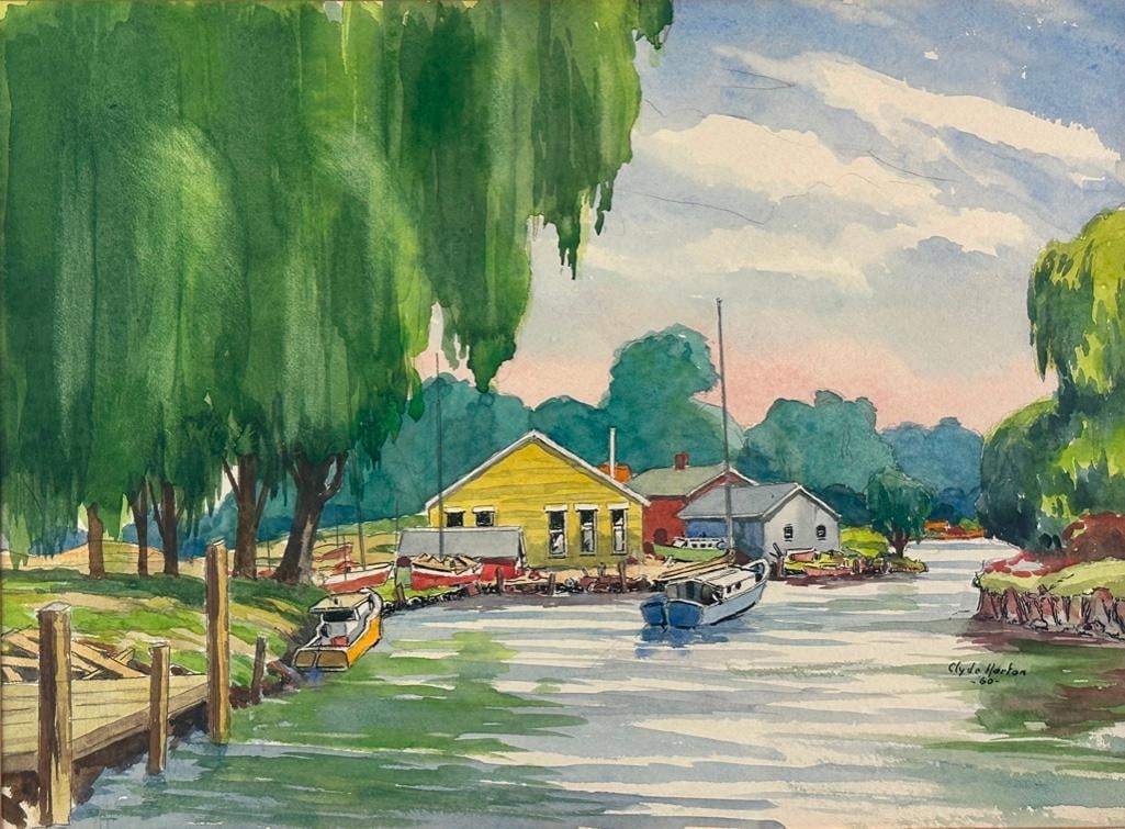 Clyde E. Horton Watercolor, Peaceful Harbor: Clyde E. Horton (American 20thc.) Peaceful Harbor, 1960, ink and watercolor on paper, signed and dated lower right, matted and framed. Dimensions: 13 x 17.5 in. image size, 18.25 x 22.5 in. as framed.