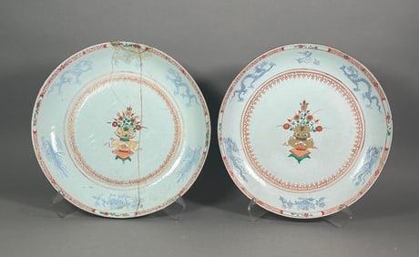 Pair of Chinese Famille Verte Porcelain Dish Chargers, Kangxi Period