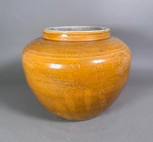 Large Chinese Yellow Glaze Jar with Slip Decoration
