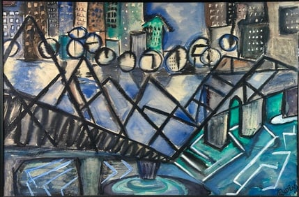 Paul Rudin Watercolor, City Bridge on a River, New York City