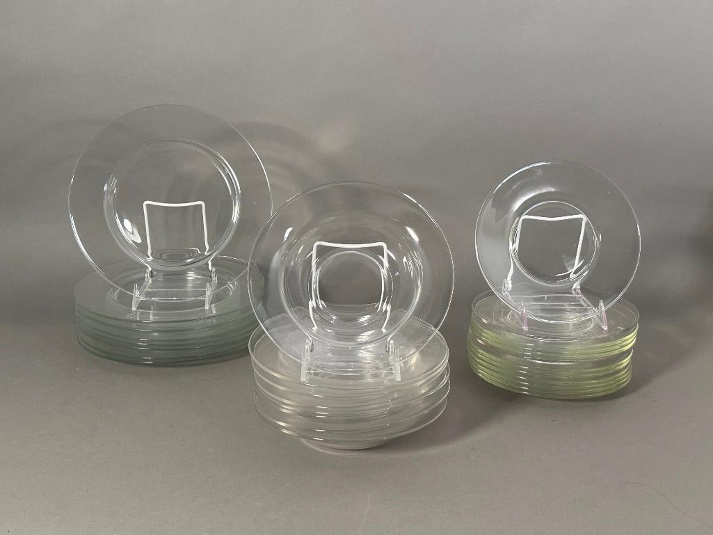 Tiffany & Co. Glass Tableware: Tiffany & Co. Glass Tableware, comprising; 8 Dinner plates, 10.5 in. dia. 8 Soup Bowls, 8.5 in. dia. and 12 Salad Plates, 8 in. dia. Condition: Very good with no damage or restoration.