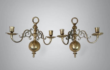 Pair of Dutch Style Brass Finish Two Light Wall Sconces