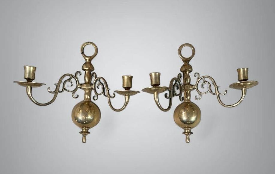 Pair of Dutch Style Brass Finish Two Light Wall Sconces (1 of 7)