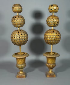 Pair of Gilded Metal Topiaries in Cast Iron Urns