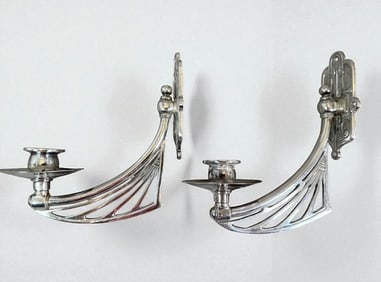 Pair of Art Deco Period Nickel Plated Single Light Wall Sconces