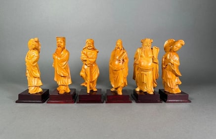 Chinese Carved Wood Six Immortal with Maidens Cabinet Sculptures