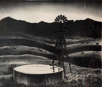 Peter Hurd Lithograph, "Stock Well at Dusk"