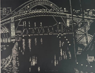 Yvonne Jacquette Woodcut, "Bridges Over Cuyahoga River, Cleveland"