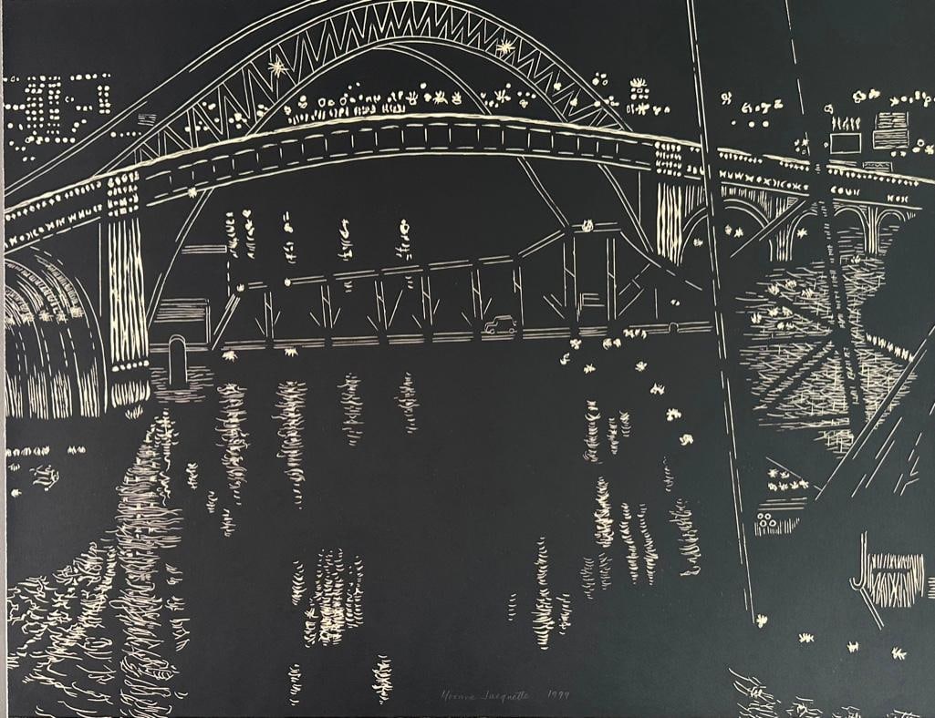 Yvonne Jacquette Woodcut, "Bridges Over Cuyahoga River, Cleveland": Yvonne Jacquette (American b.1934) "Bridges Over Cuyahoga River, Cleveland," 1999, woodcut on Japanese Okawara paper, The Print Club of Cleveland Publication No. 78 for 2000, bearing the Print Club of