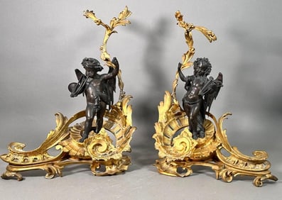 Pair of Louis XV Style Bronze Chenets with Winged Putti, 19thc.