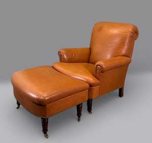Edwardian Style Leather Upholstered Lounge Chair and Ottoman