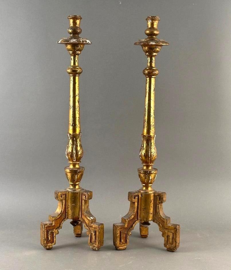 Pair of Antique Carved and Gilded Wood Pricket Candlesticks (1 of 6)