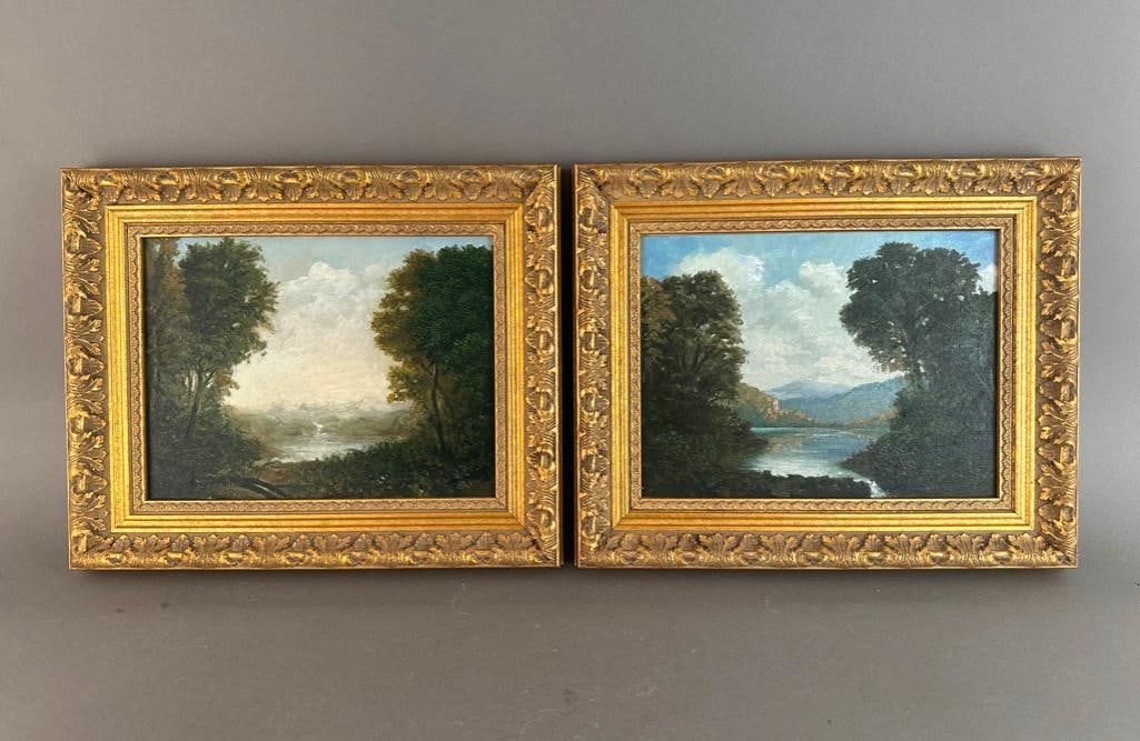 John A. Sargent III, Pair of Landscape Paintings: John A. Sargent, III (American 20th/21st c.) "Study #4," and "Study # 6," 2000, pair of oils on artist's board, signed verso, framed by Bonfoey, Cleveland, Ohio. Dimensions: 9 x
