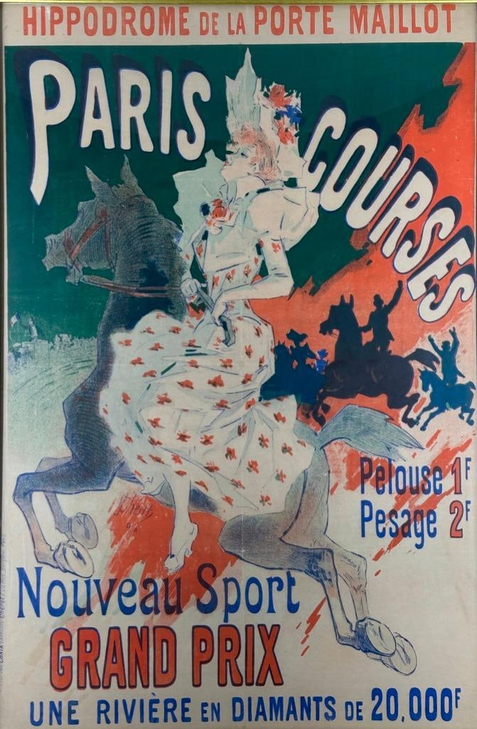 "Paris Courses" Lithographic Advertising Poster by Jules Cheret, ca. 1890: Lithographic advertising poster by Jules Cheret (1836 - 1932), printed in France, in Cheret's old pallet of red and green. Appears to be laid down on backing board, framed under glass without