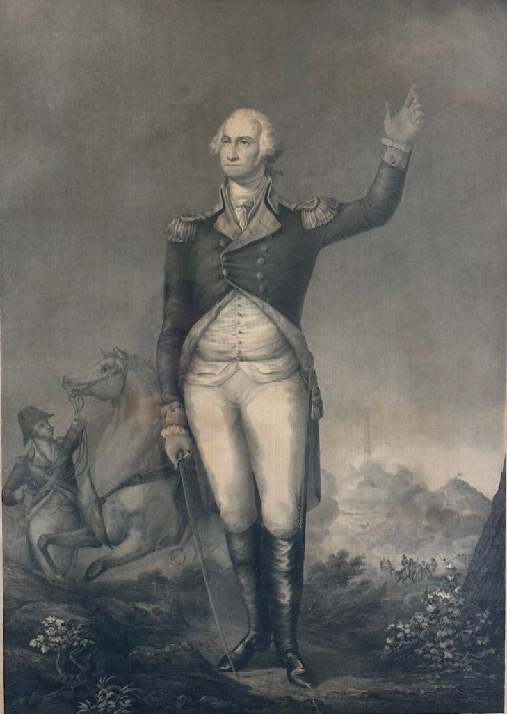Framed George Washington Print: Framed George Washington Print, Commemoration of contribution to the National Washington Monument, lithograph by A. Hoen and Co, Baltimore, matted and framed. Dimensions: 24 x 18 in. image size. 36