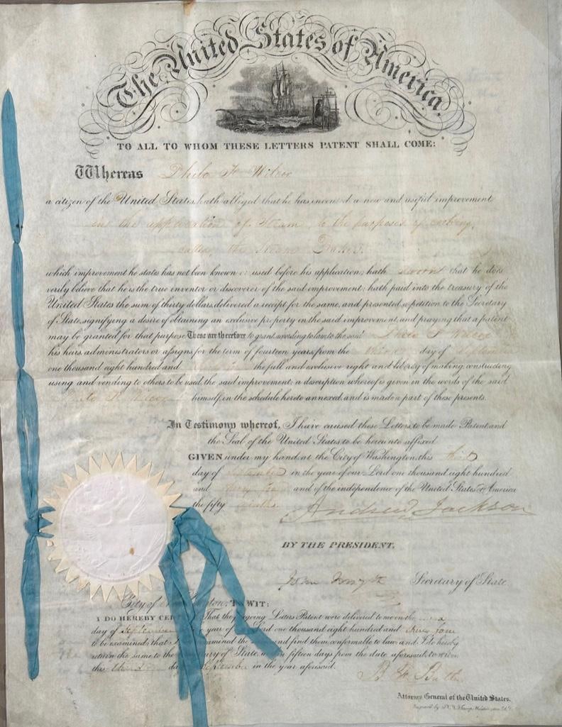 President Andrew Jackson Signed Document, 1834: Vellum sheet with printed text and decorative cartouche in upper margin; a patent for Philomen Franklin Wilcox (1805-1871) of Springfield MA, for the patent of his invention os a steam baker, dated