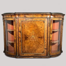 English Victorian Burl Wood and Marquetry Console Cabinet