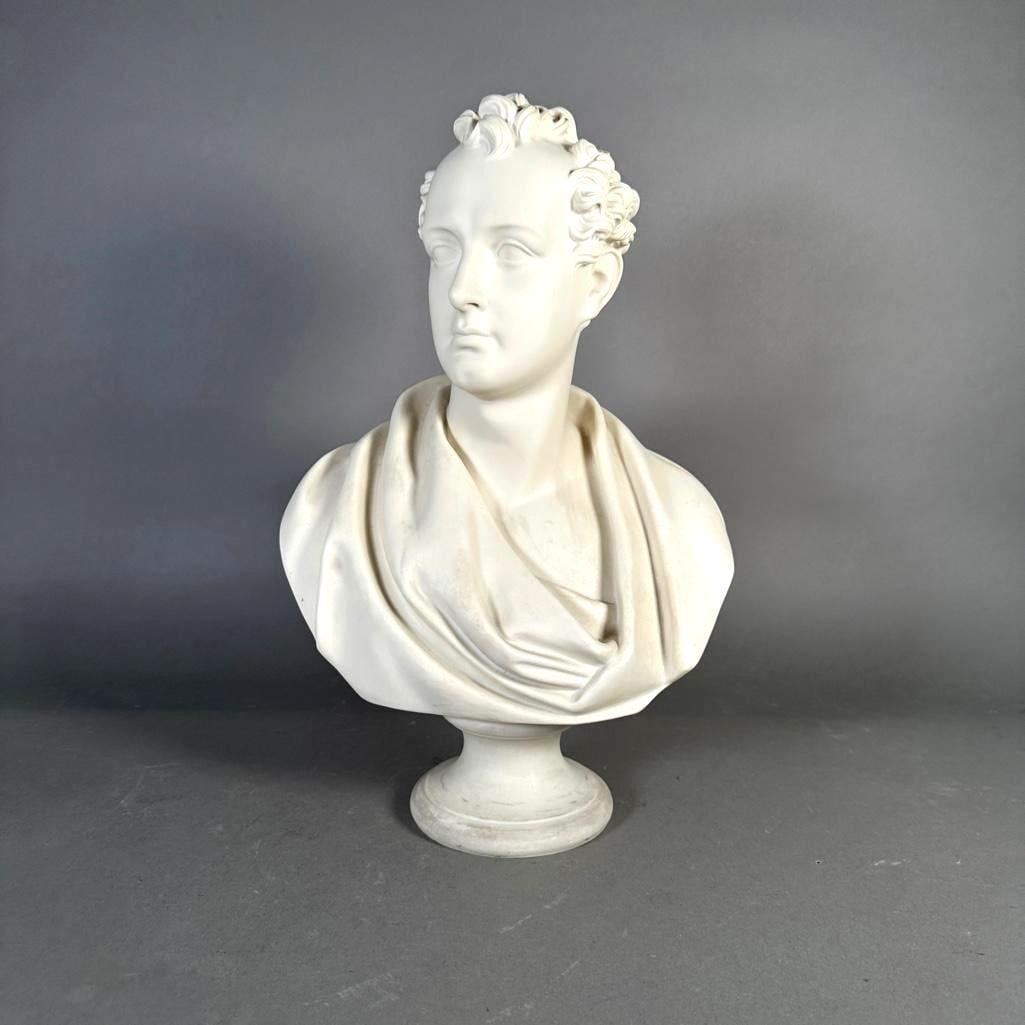 Copeland Parian Porcelain Bust of Romantic Poet Lord Byron: Copeland Parian Porcelain Bust of Poet George Gordon, Lord Byron, the bust length portrait of the Romantic poet wearing a Greek style toga, with well detailed wildish hair. Impressed Copeland to the