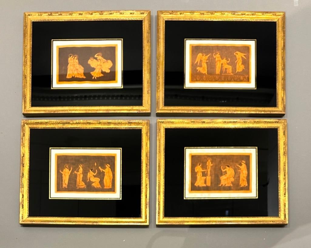 Sir William Hamilton, Four Antique Engravings, 18th Century: Sir William Hamilton, Four Antique engravings on rag paper with a terracotta red wash. From the catalog of antiquities of Sir William Hamilton (British 1730-1803), engraved by Nicolas Xavier Willemin