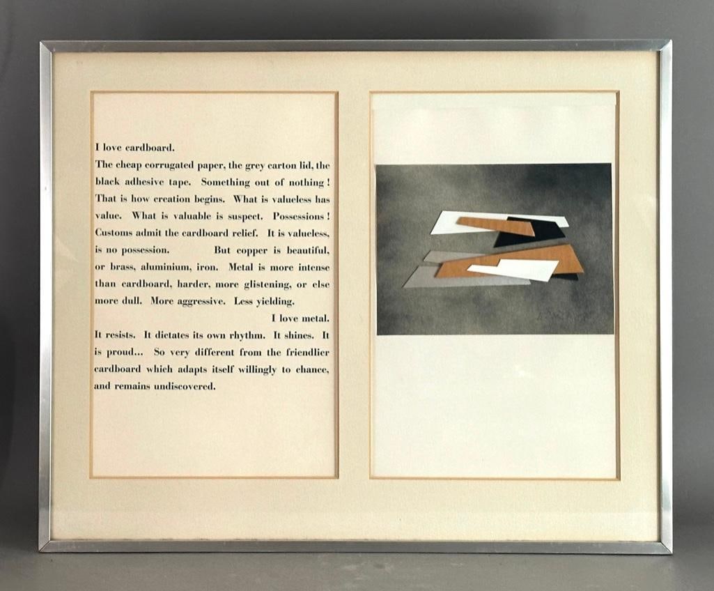 Hans Richter Collage, "DYMO": Hans Richter (German 1888 - 1976) "DYMO", collage, signed and dated '70 (1970). Painted cardboard collage on painted paper, signed lower right and dated. Collage framed under glass in a