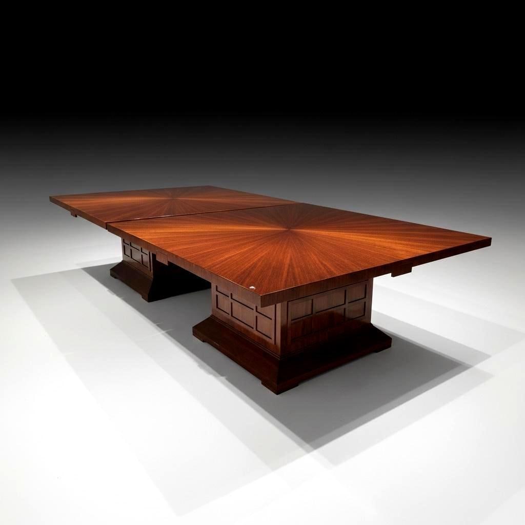 Very Large Sapele Wood Veneered Conference/Dining Table: Very Large Sapele Wood Veneered Conference/Dining Table, contemporary, probably custom made, the squared form with dramatic fan veneer to the top, raised on a squared pedestal base with applied