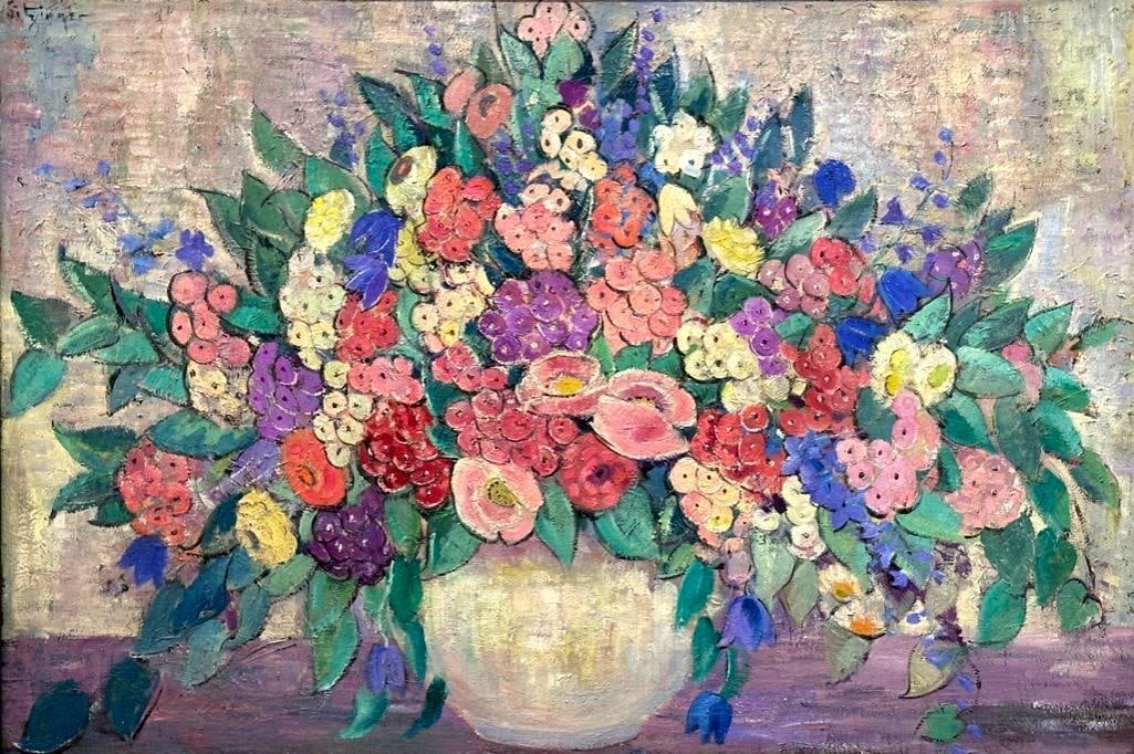 Dorothea Litzinger Oil, Large Scale Floral Still Life: Dorothea Litzinger (American 1889-1925) Large Scale Floral Still Life, oil on canvas, signed upper left, framed. Dimensions: 30 x 45 in. canvas size, 36 x 50 in. as framed. Condition: Relined. Very go