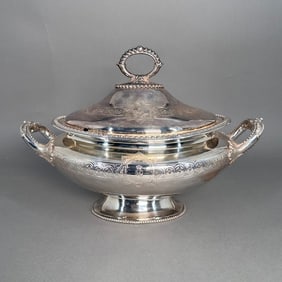 Large Antique Silver Plate Soup Tureen and Cover with Armorial, 19thc.