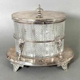 English Crystal and Silver Plate Biscuit Barrel on Stand, 19thc.