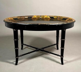 Victorian Papier Mache and Mother of Pearl Inlaid Tray on Stand