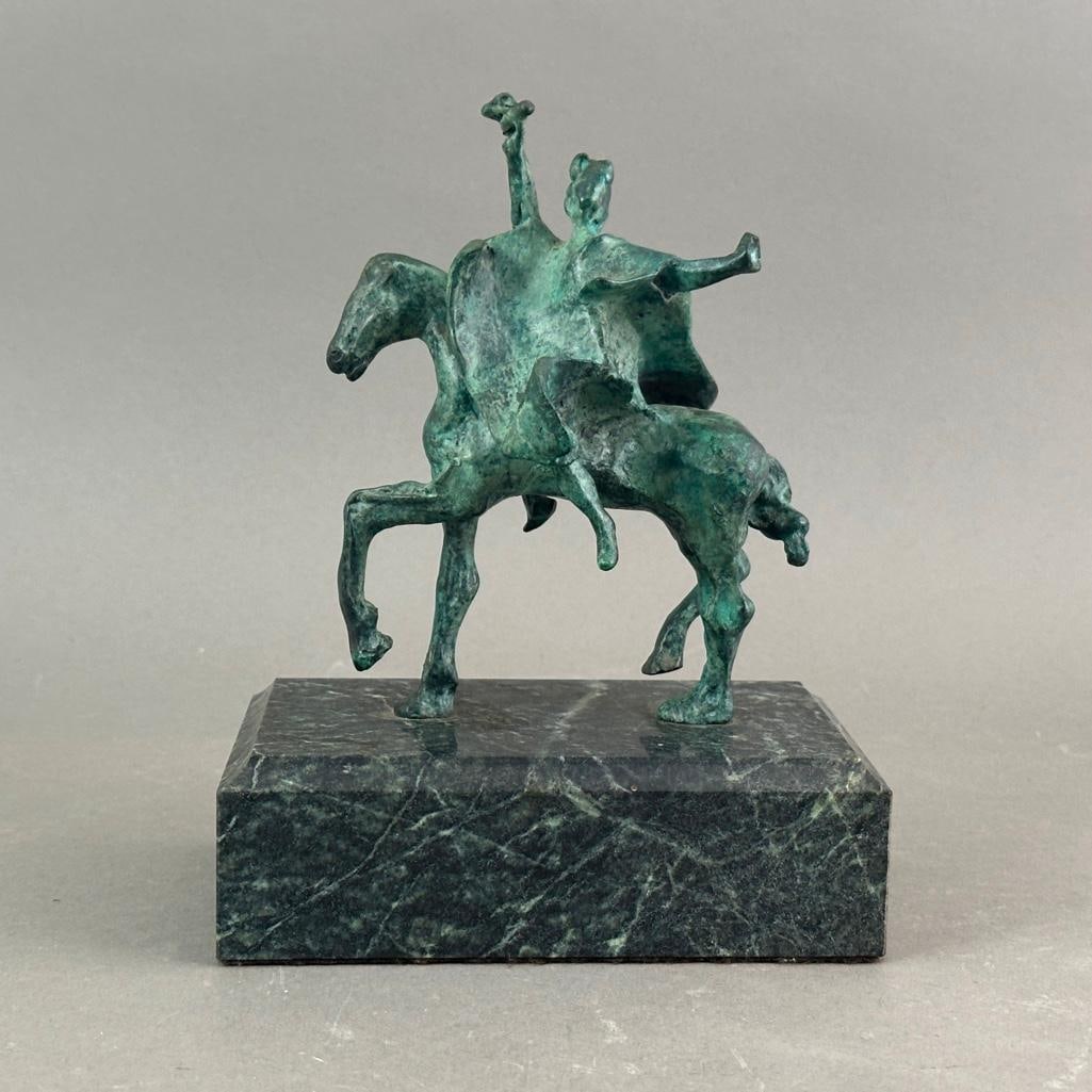 Salvator Dali Bronze Trajan on Horseback, 1975: Bronze sculpture of Trajan on Horseback, dated 1975, from an edition of 375, this being numbered 54. With overall green patina,mounted to green marble base. Apprx 8.25"T (with base) x 4"W (bas