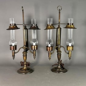 Pair of Brass Toned Metal Candlestick Lamps