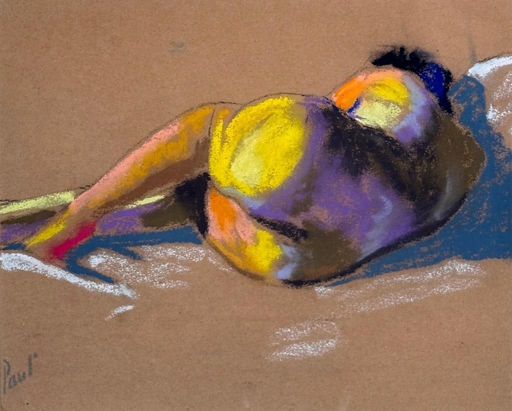 20thc. California School, Signed Paul, Pastel, Reclining Woman: Paul (California, 20thc.) Reclining Woman, pastel on brown paper, signed 'Paul' lower left, matted and framed. Dimensions: 8 x 9.75 in. image size, 15 x 16.75 in. as framed. Condition: Appears