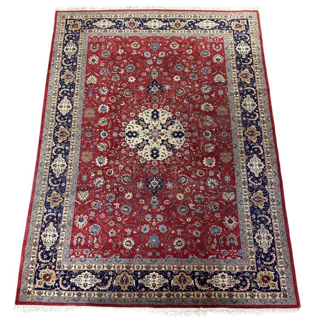 Persian Carpet 11'6" x 8'2": Wool on cotton weft, short knotted fringe, red ground with cream round medallion, meandering vines with various flower blossoms, dark blue border, edged with cream and light blue edge borders, finishe