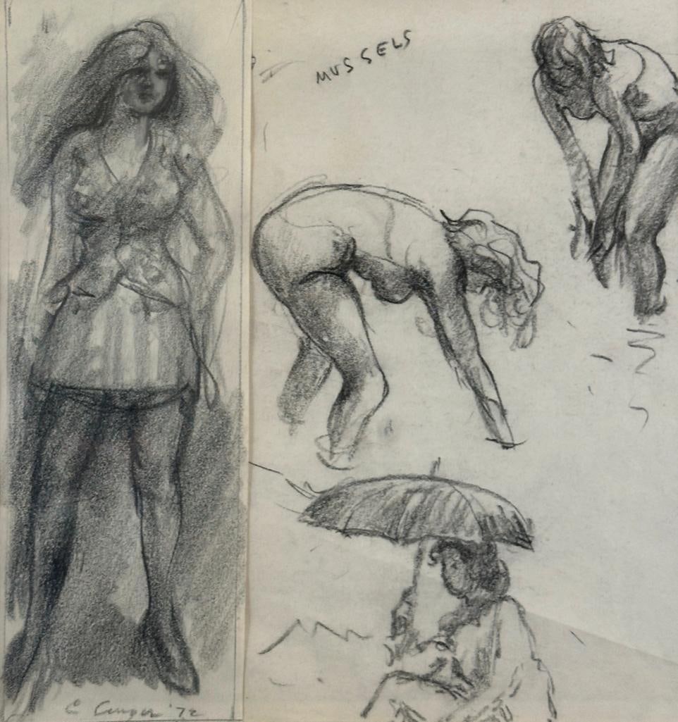 Clyde Singer Drawing Collage, Figure Study and Gathering Mussels: Clyde Singer (American 1908-1999) Figure Study and Gathering Mussels, two charcoal drawings framed together, one signed and dated '72, matted and framed. Dimensions: 10.745 x 10.5 in. image size,