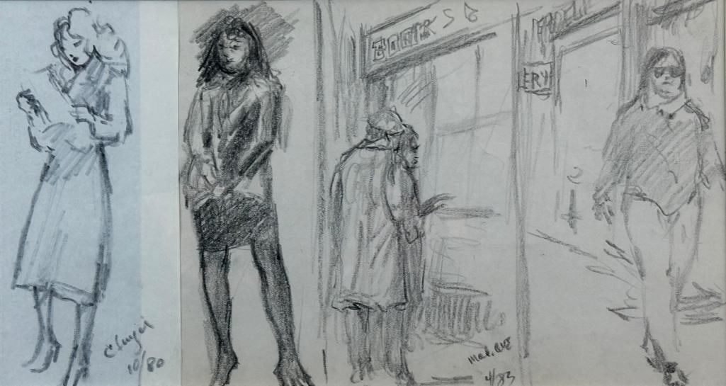 Clyde Singer Drawing, Figures on the Street: Clyde Singer (American 1908-1999) Figures on the Street, 1980 and 1983, combined drawings, charcoal on paper, signed and dated lower center, matted and framed. Dimensions: 9 x 9.5 in. image size, 16.5
