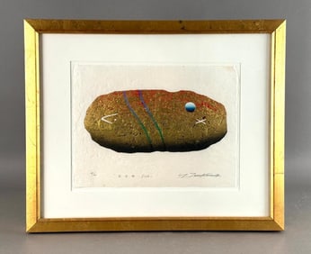 Yoshikatsu Tamekane Color Woodblock Print with Gilding, "Fish"