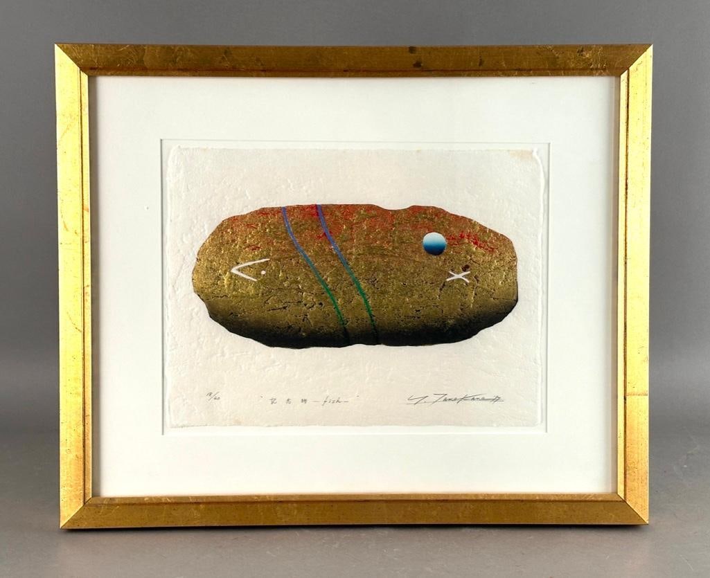 Yoshikatsu Tamekane Color Woodblock Print with Gilding, "Fish" (1 of 8)