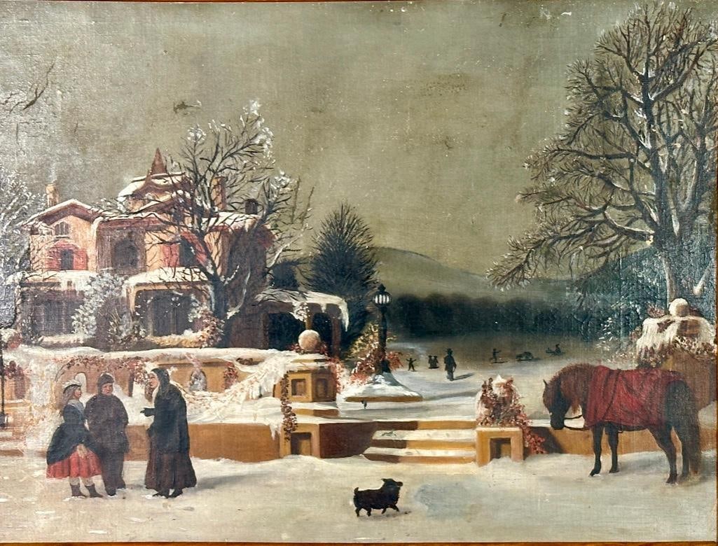 Kitty Bower Primitive Oil, Village Scene in Snow: Kitty Bower (American, Cincinnati, Ohio, 19thc. ) Village Scene in Snow, oil on canvas laid on masonite, with a fragment of the original canvas bearing signature "Kitty Bower" adhered to the v