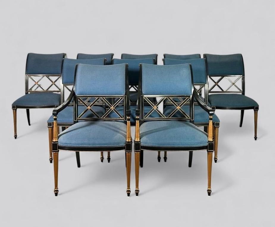 Set of Ten Henredon Dorothy Draper/Regency Style Dining Chairs: Set of Ten Henredon Dorothy Draper/Regency Style Dining Chairs, ebonized wood and gilding, comprising two arm chairs and eight side chairs, each with arched upholstered backrest over x-form splats, ab
