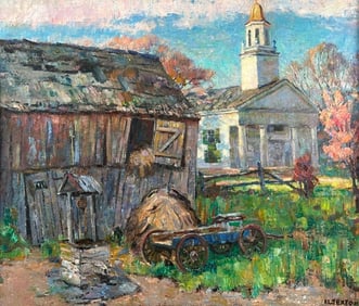 Frederick Lester Sexton Oil, "Roxbury Connecticut, Episcopal Church and Barns"