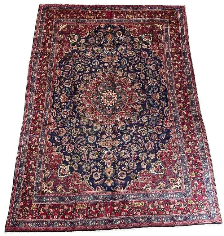 Sabzevar Carpet 13'2" x 9'4": Wool on cotton weft, short fringe ends, colorful medium pile wool, traditional design with expanding central medallion with palmette extensions, on dark blue ground with red corner guards, multiple bo