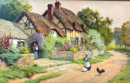 Arthur Claude Strachan Watercolor, Feeding the Chickens Before a Thatched Cottage