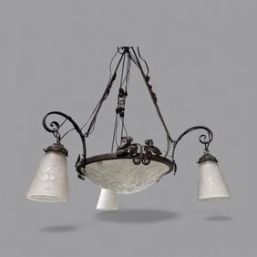 Muller Freres Wrought Iron and Glass Chandelier, Pair of Sconces and Flush Light