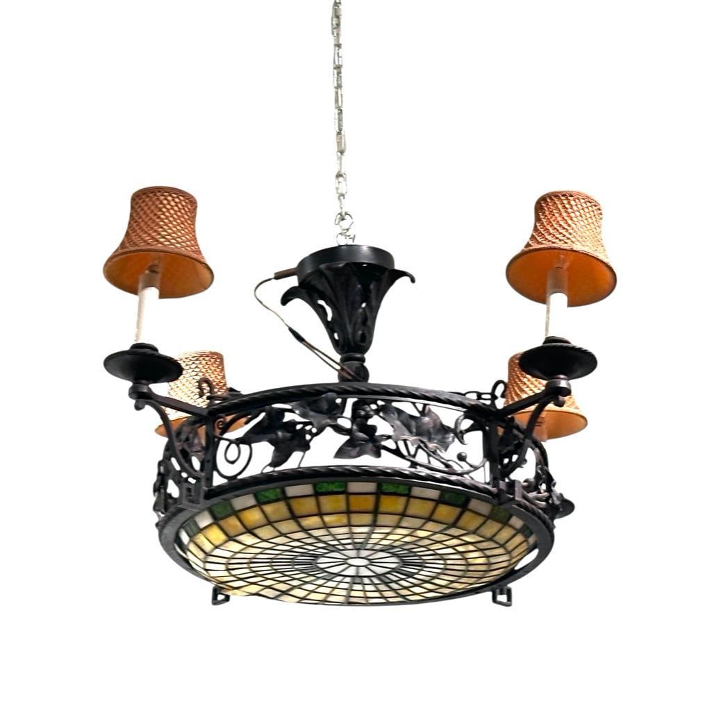 Wrought Iron and Leaded Glass Chandelier (1 of 6)