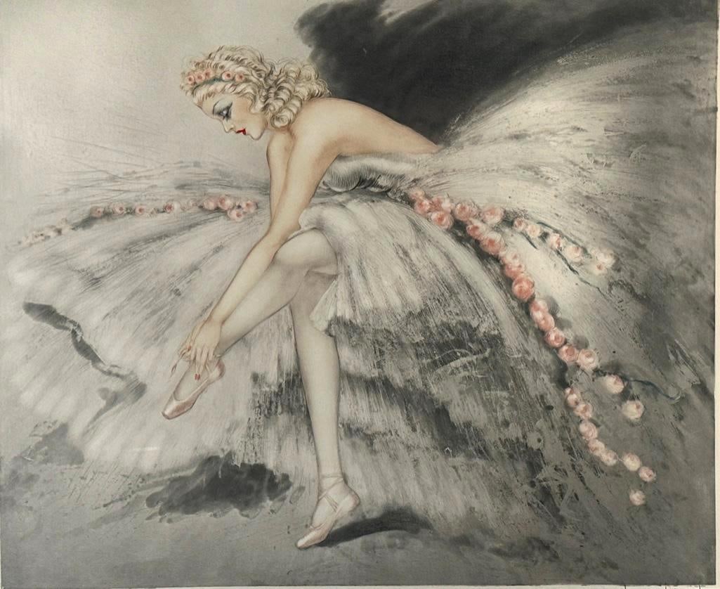Louis Icart Etching "Ballerina": Louis Icart "Ballerina" original etching with color, dated 1939, New York, blindstamp lower left. Matted and framed under glass, as framed apprx 30 x 34 in. Condition: not inspected out of fr