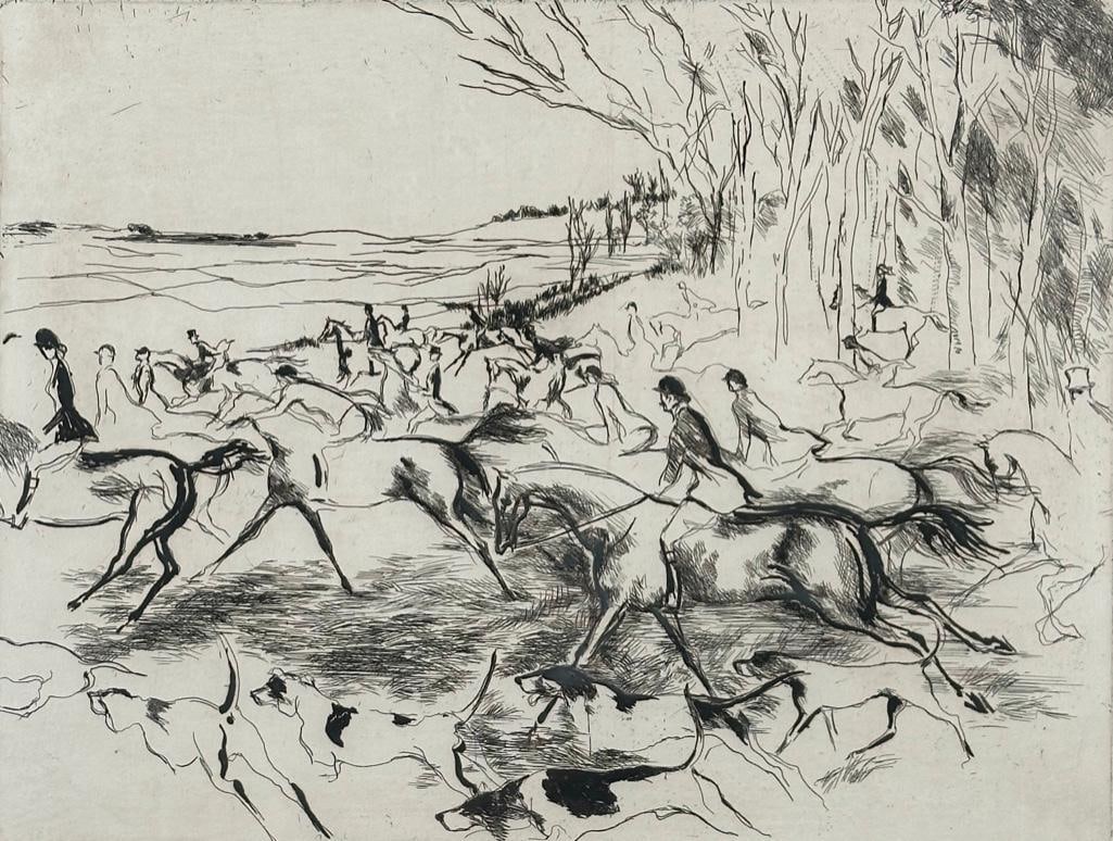 Leroy Neiman "Into The Open" Etching, ca. 1980: Leroy Neiman, "Into The Open", original etching on wove paper, pencil signed lower right, pencil numbered lower left 194/250. Matted and framed under glass, as framed apprx 27.5 x 31 inches.