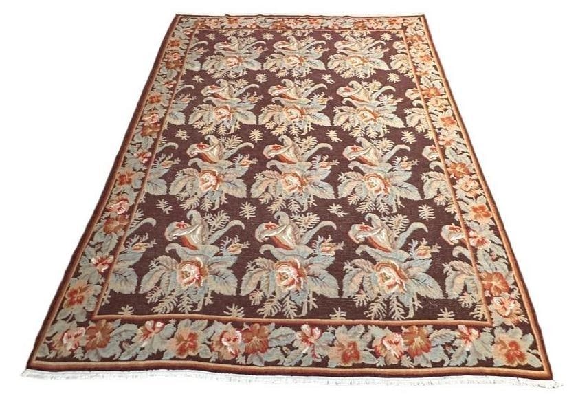 Stark Wool Needlepoint Carpet, 10'2 x 8'3: Stark Wool Needlepoint Carpet, floral bouquet design in pale blue, pale green, tan, peach and coral on a brown field, within floral vine borders. Provenance: Charles Phillips Collection, Cleveland, Oh